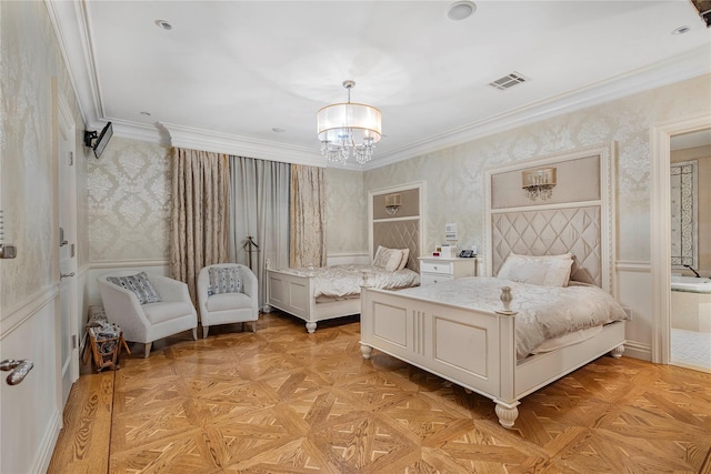 bedroom featuring light parquet flooring, an inviting chandelier, and ornamental molding