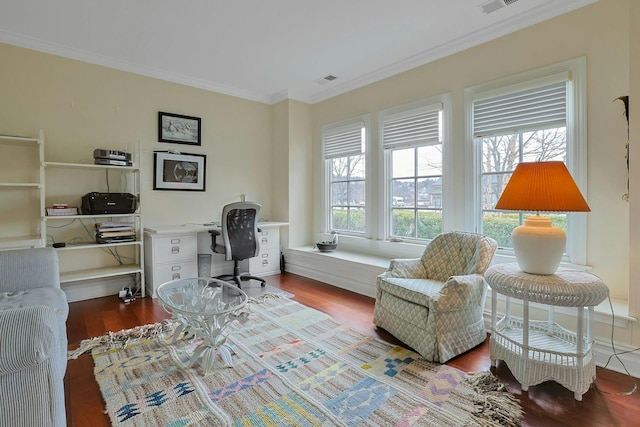 home office featuring crown molding and wood-type flooring