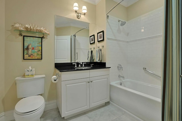 full bathroom with tub / shower combination, vanity, toilet, and ornamental molding