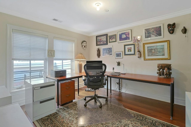 office area featuring dark wood-type flooring and crown molding