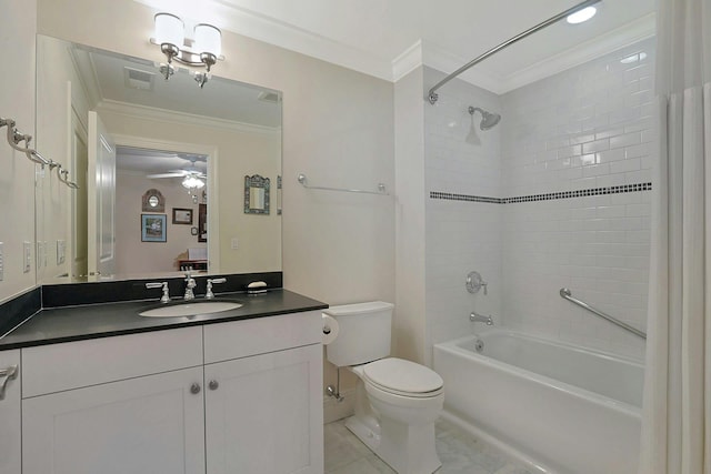 full bathroom featuring ceiling fan, tile patterned floors, crown molding, toilet, and vanity