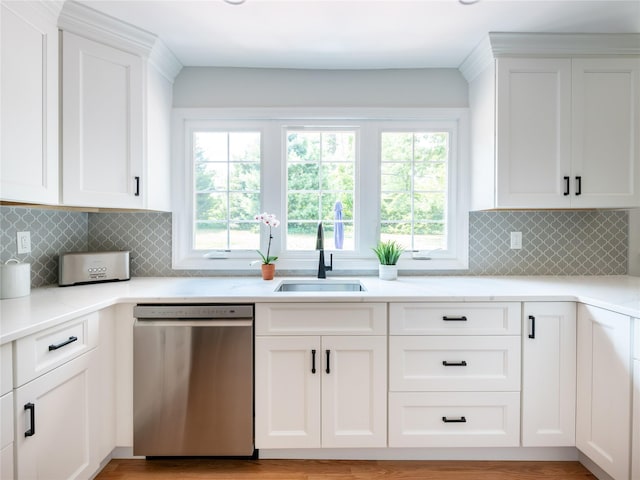 kitchen with decorative backsplash, sink, white cabinets, and stainless steel dishwasher