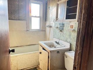 bathroom featuring a washtub, toilet, and a wealth of natural light