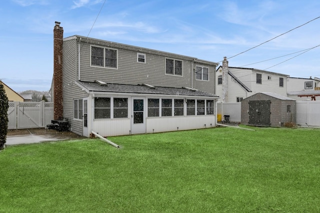 back of house featuring a sunroom, a yard, and a storage unit