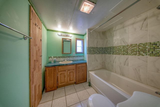 full bathroom featuring tasteful backsplash, tile patterned flooring, toilet, shower / tub combination, and vanity