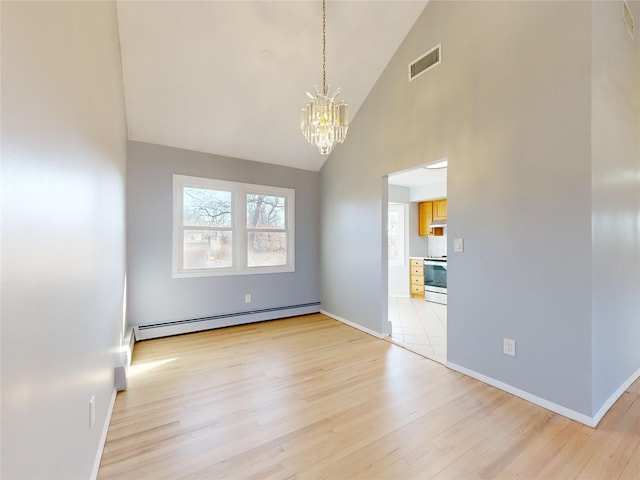 interior space featuring a baseboard radiator, high vaulted ceiling, a notable chandelier, and light wood-type flooring