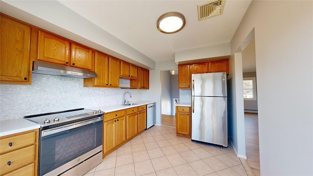 kitchen featuring sink, light tile patterned floors, a baseboard radiator, appliances with stainless steel finishes, and decorative backsplash