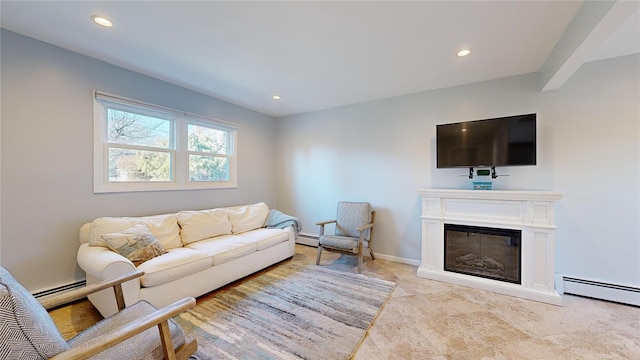 living room featuring a baseboard heating unit