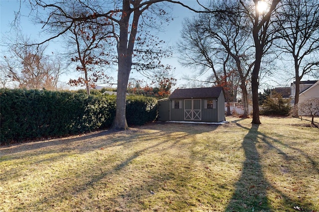 view of yard with a storage shed