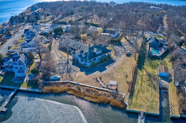 aerial view featuring a water view