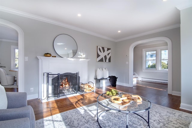 living room with crown molding, baseboard heating, and dark wood-type flooring