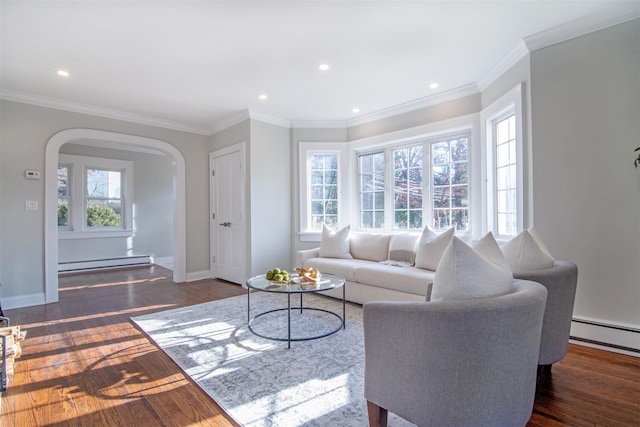 living room with dark hardwood / wood-style flooring, ornamental molding, and a baseboard radiator