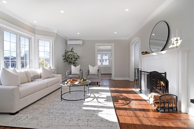 living room with wood-type flooring, a baseboard radiator, an AC wall unit, and crown molding