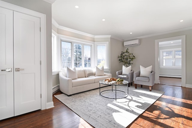 living room featuring dark hardwood / wood-style flooring, ornamental molding, a wall mounted air conditioner, and a baseboard heating unit