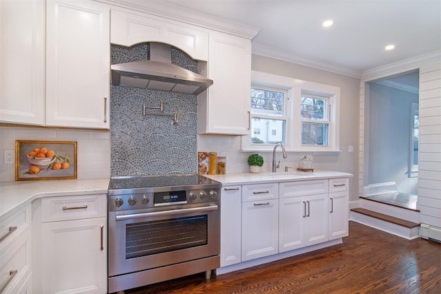 kitchen with backsplash, wall chimney range hood, sink, high end stainless steel range oven, and white cabinetry