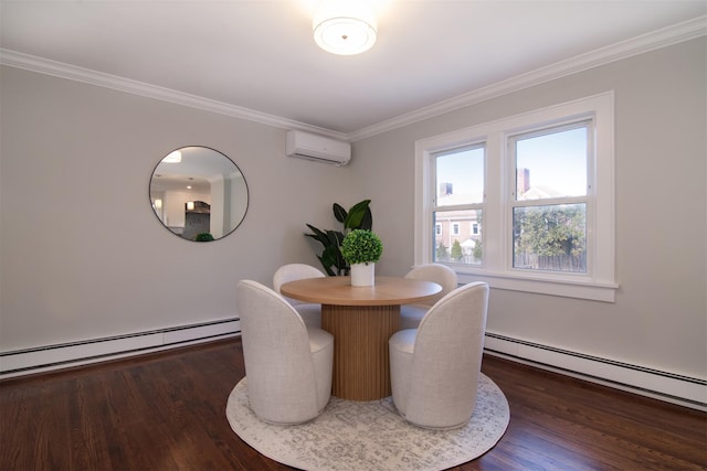 dining area featuring dark hardwood / wood-style floors, ornamental molding, baseboard heating, and a wall mounted AC