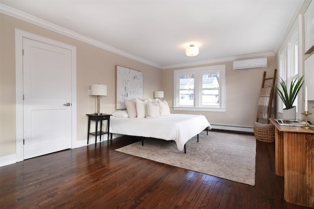 bedroom with an AC wall unit, ornamental molding, dark hardwood / wood-style floors, and a baseboard heating unit