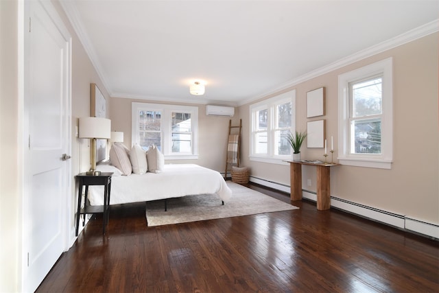 bedroom featuring dark hardwood / wood-style flooring, a wall unit AC, multiple windows, and crown molding