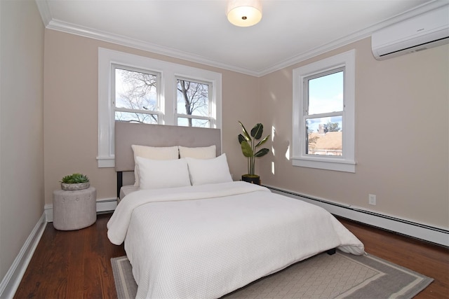 bedroom with an AC wall unit, dark hardwood / wood-style flooring, a baseboard radiator, and ornamental molding