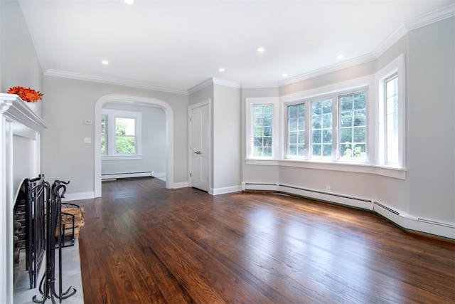 unfurnished living room featuring crown molding, a baseboard radiator, and dark hardwood / wood-style floors