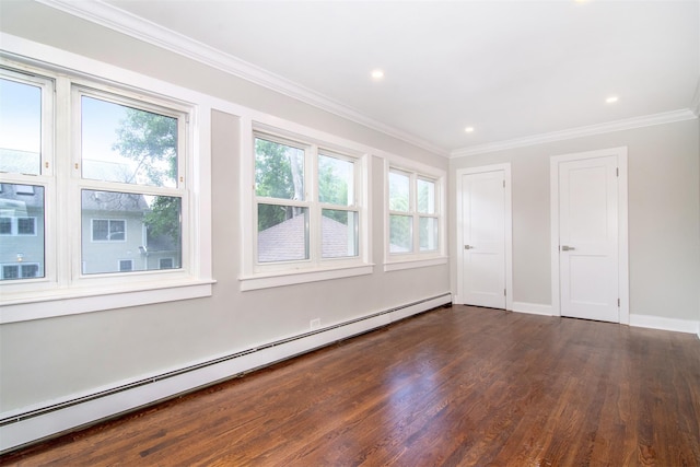 unfurnished room featuring dark hardwood / wood-style flooring, ornamental molding, and a baseboard radiator