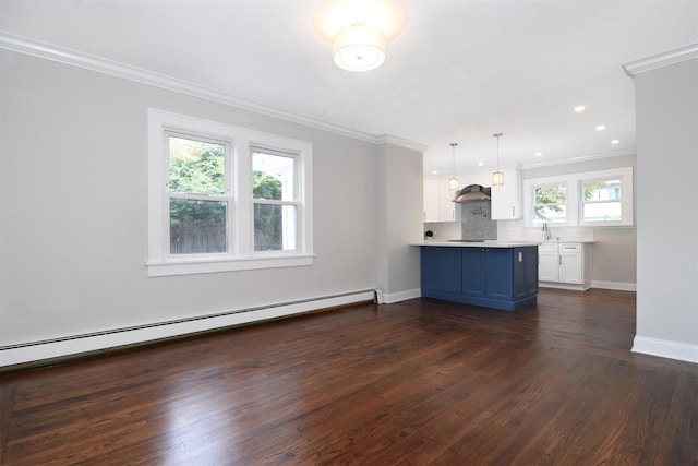 unfurnished living room with a baseboard radiator, crown molding, dark wood-type flooring, and sink