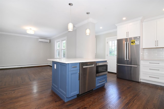 kitchen featuring blue cabinetry, pendant lighting, white cabinetry, and stainless steel appliances