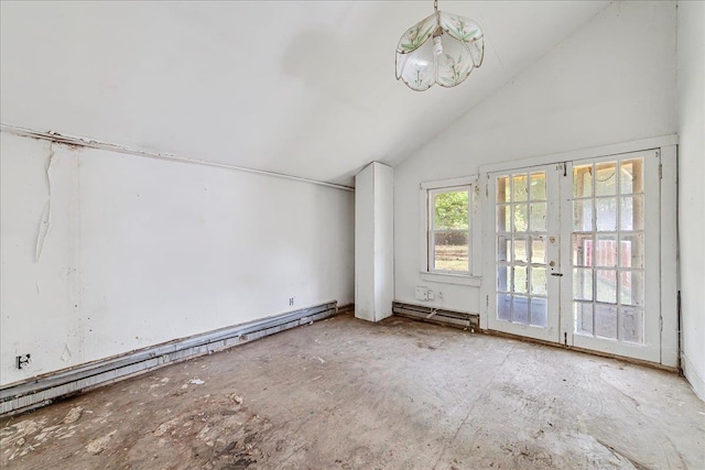 additional living space with baseboard heating, french doors, and vaulted ceiling