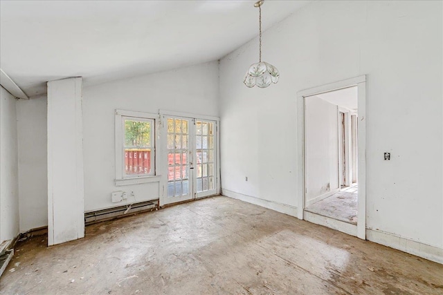 spare room featuring french doors, a baseboard radiator, high vaulted ceiling, and a notable chandelier