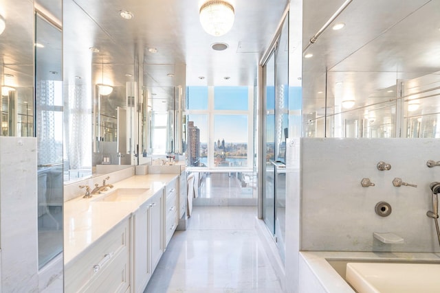 bathroom featuring vanity and a shower with shower door