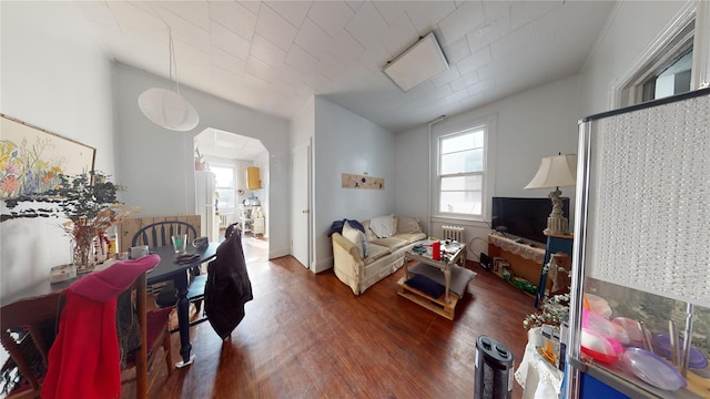 living room featuring radiator heating unit and dark wood-type flooring