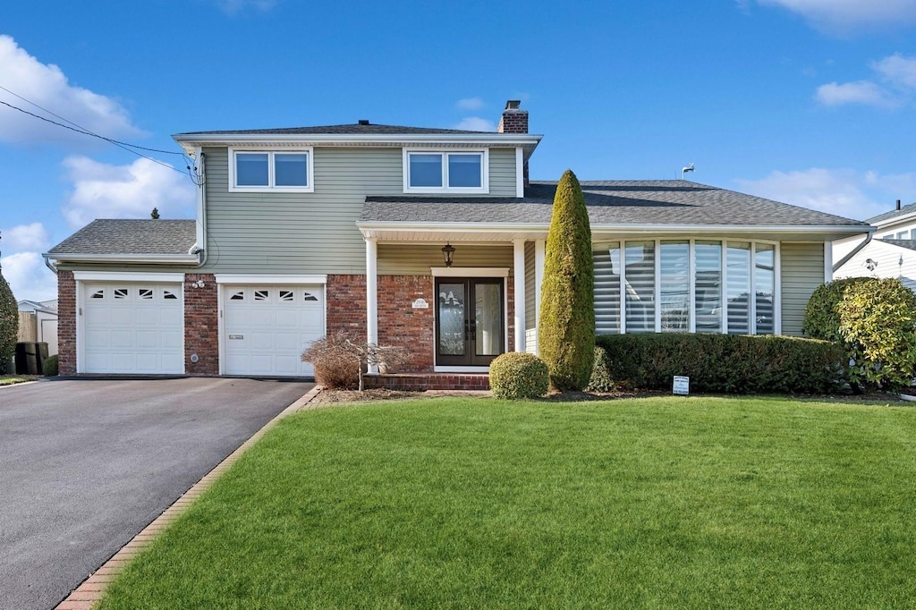 view of property with french doors, a garage, and a front lawn