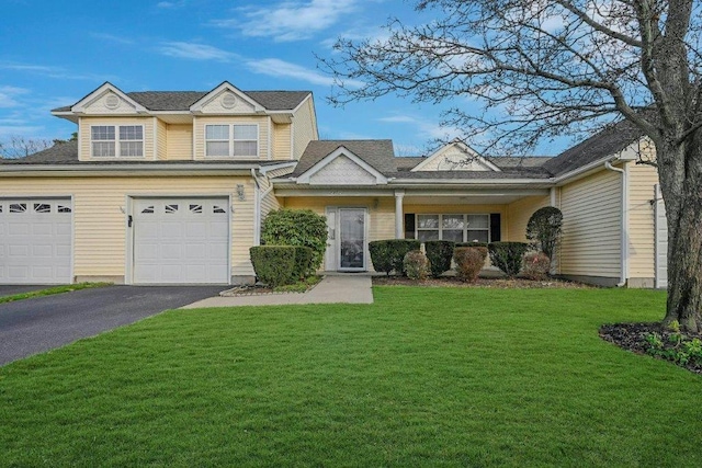 view of front of house featuring a front yard and a garage