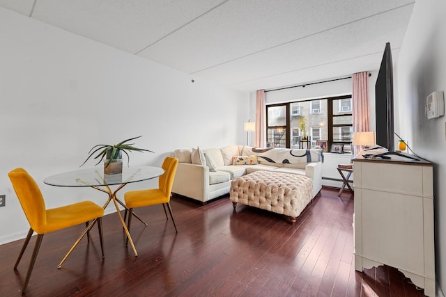 living room featuring a baseboard radiator and dark wood-type flooring