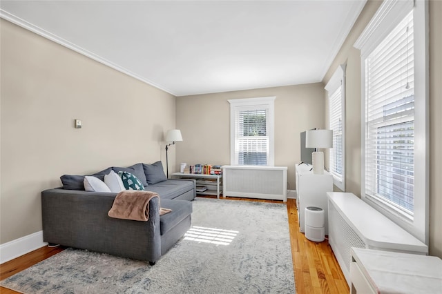 living room with radiator heating unit, ornamental molding, and wood-type flooring