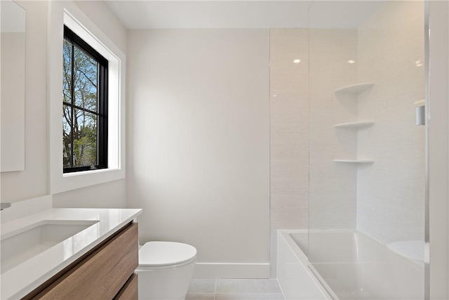 full bathroom featuring tile patterned flooring, vanity,  shower combination, and toilet