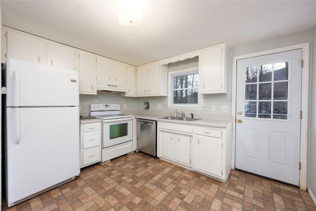 kitchen featuring white cabinets, sink, white appliances, and custom range hood