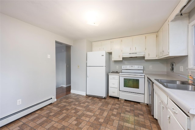 kitchen featuring white cabinetry, sink, a baseboard radiator, and white appliances