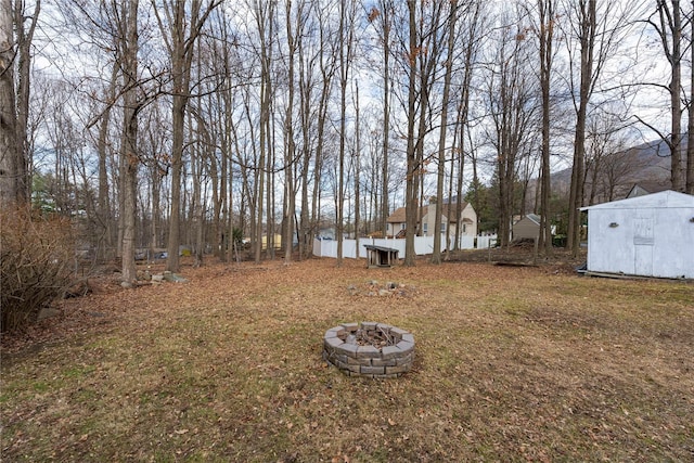 view of yard with a fire pit and a storage unit