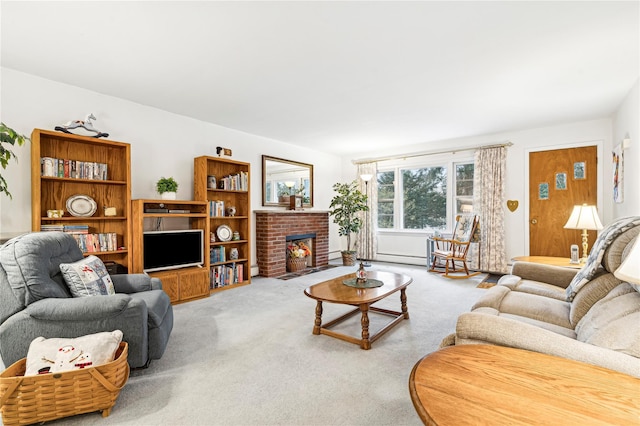 living room featuring carpet and a fireplace