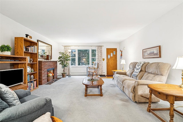 living room featuring carpet floors and a brick fireplace