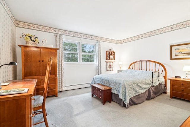 bedroom with light colored carpet and a baseboard radiator