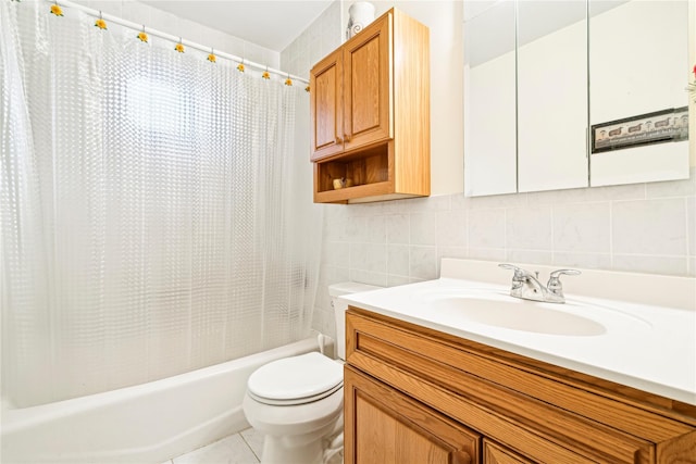 full bathroom with decorative backsplash, vanity, shower / bathtub combination with curtain, tile walls, and toilet