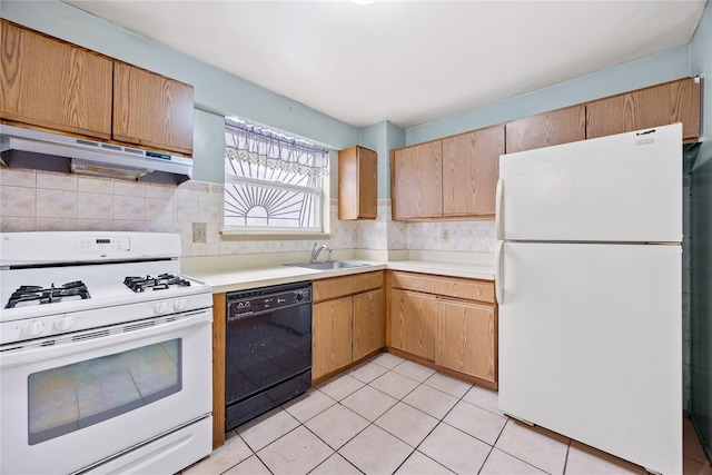 kitchen featuring backsplash, white appliances, sink, and light tile patterned floors