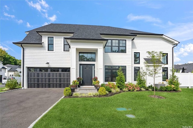 view of front of home with a front yard, central AC, and a garage