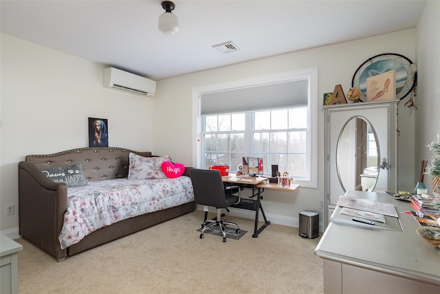 office area featuring light carpet and a wall mounted air conditioner