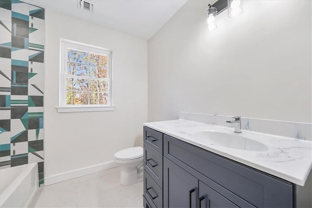 full bath featuring visible vents, toilet, baseboards, a bath, and vanity