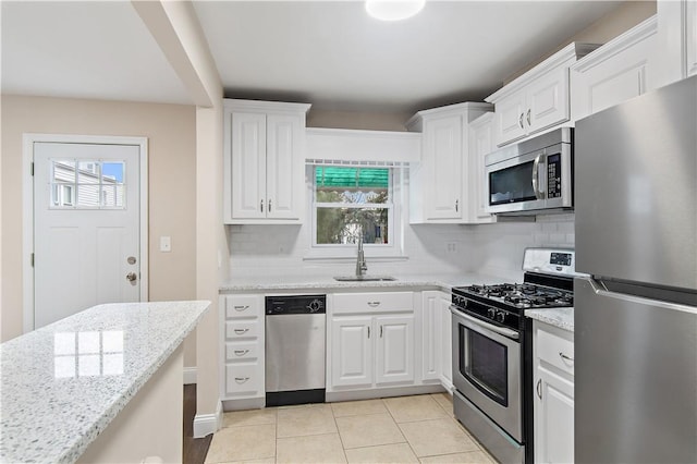 kitchen featuring light stone counters, white cabinetry, sink, and appliances with stainless steel finishes