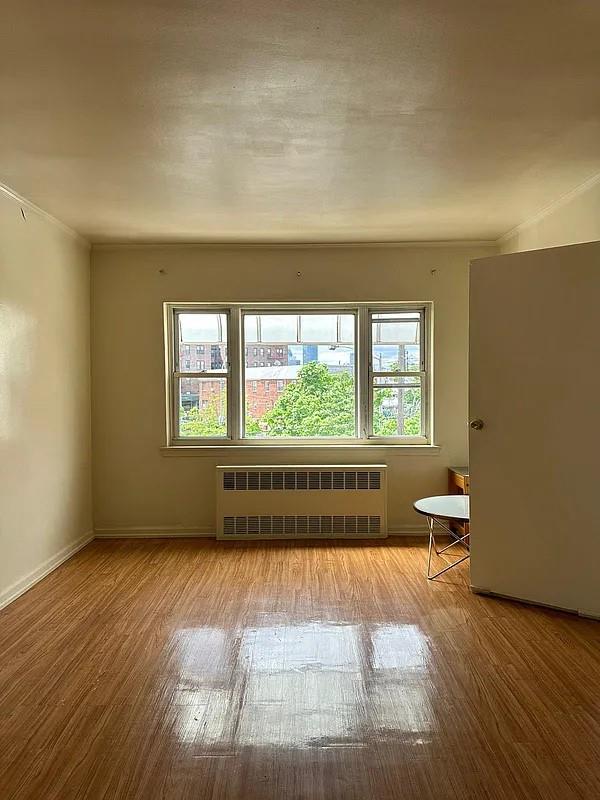 empty room featuring ornamental molding, radiator, and light hardwood / wood-style flooring