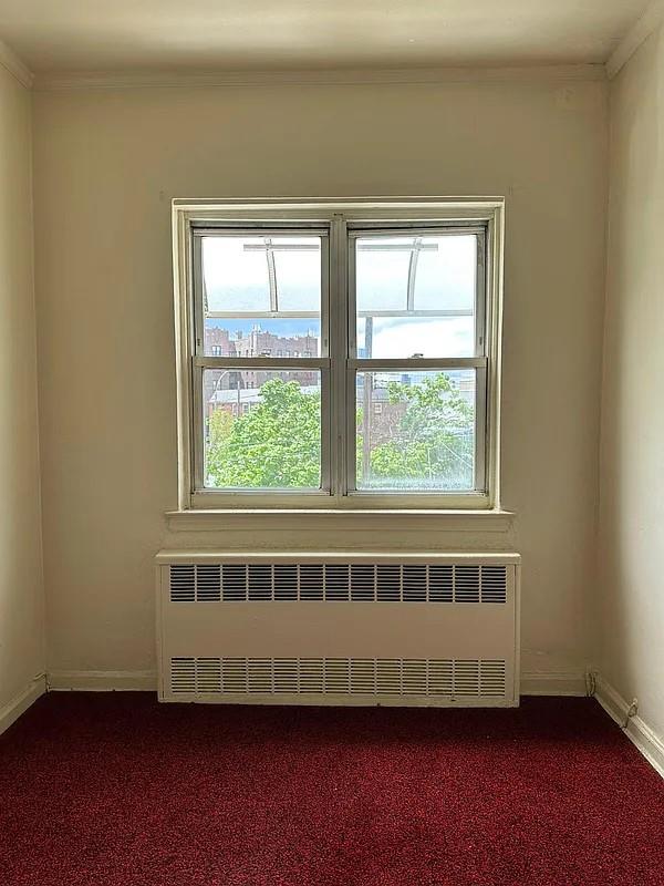 carpeted empty room with ornamental molding and radiator